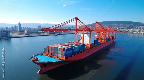 Aerial view of Container Cargo ship with working crane bridge in port.