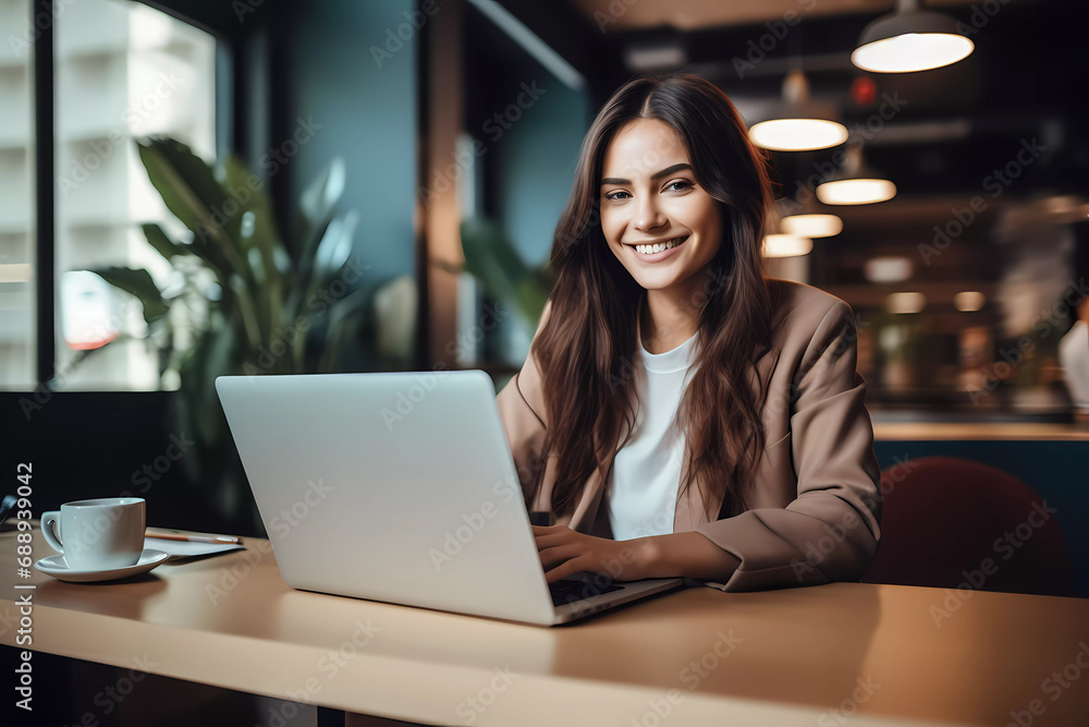 A beautiful young woman with brunette hair using laptop sitting at desk and smiling to the camera. Working or learning online class concept. A beautiful young woman with brunette hair using laptop sitting at desk and smiling to the camera. Working or learning online class concept.