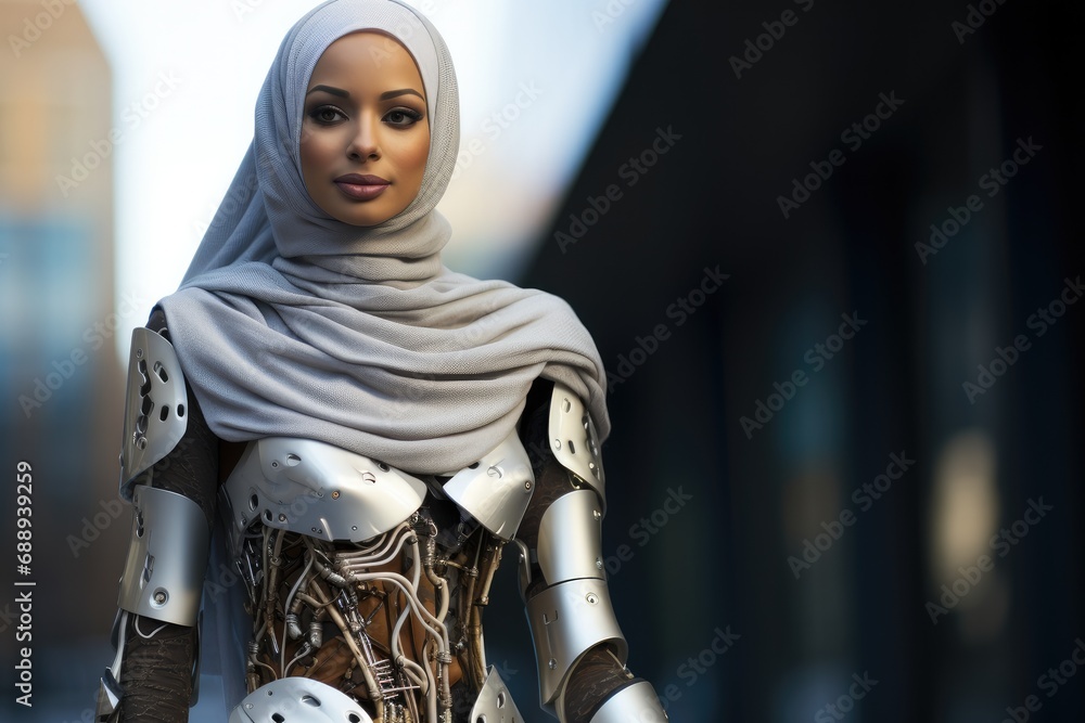 Confident Muslim woman in hijab with cyberpunk style prosthetic limb.