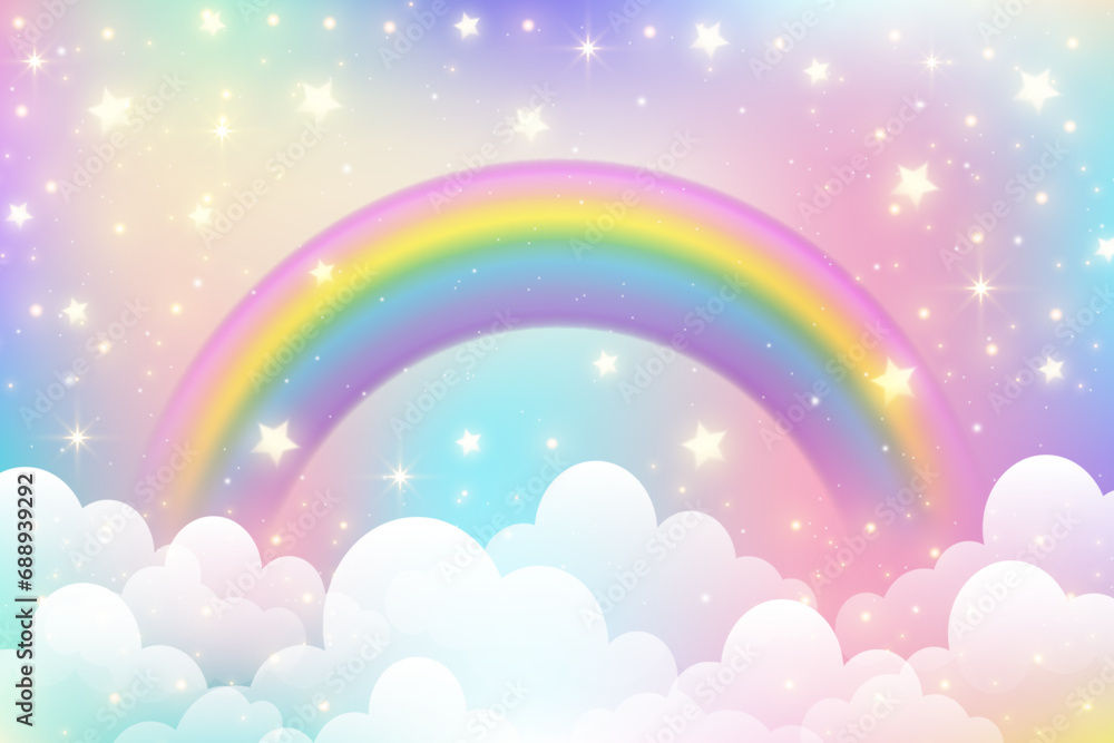 Rainbow unicorn background. Fantasy cloudy pink sky. Cute pastel vector scene with candy colors. Magic princess landscape with fairy stars and glitter. Rainbow unicorn background. Fantasy cloudy pink sky. Cute pastel vector scene with candy colors. Magic princess landscape with fairy stars and glitter.