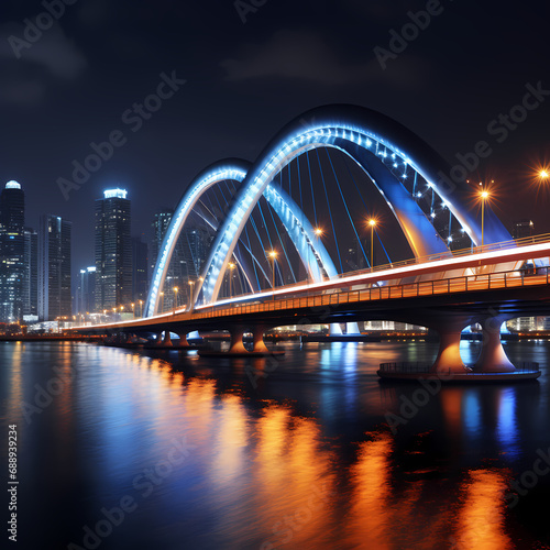 A modern bridge illuminated by city lights at night.