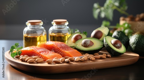 Glass bottle with soft tablets and Omega-3 capsules on a white background. Salmon steak. nuts. Avocado Caustic light, sunlight. Fish oil tablets. Medical support and treatment. Biologically active add