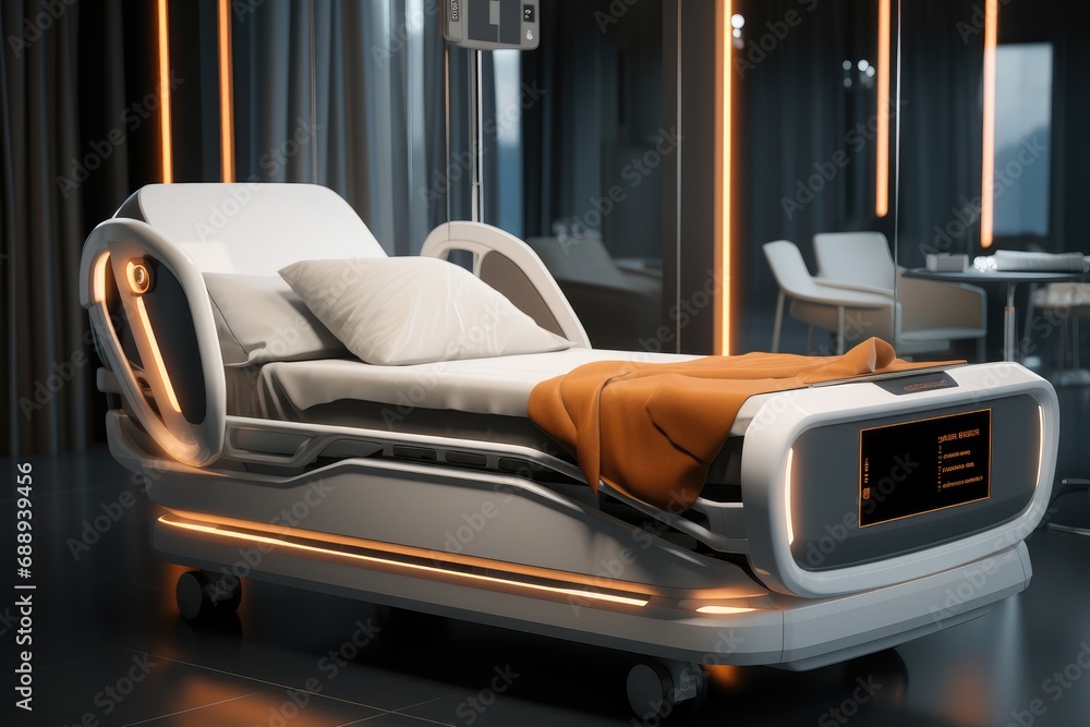 Fototapeta premium Modern elderly care bed, Polished craftsmanship, beautiful, Technological sense.