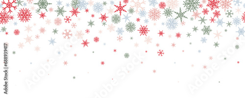 Snowflakes vector background. Winter holiday decor with multicolor crystal elements. Graphic icy frame isolated on white backdrop.