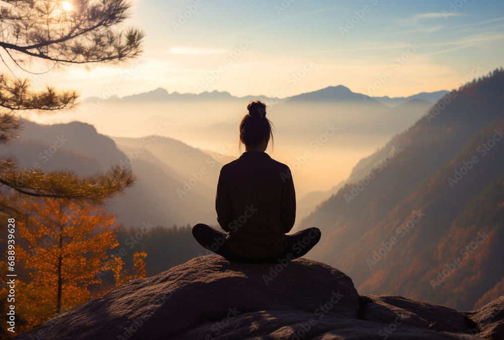 a person meditating on a quiet autumn mountain peak, Ai generated Images a person meditating on a quiet autumn mountain peak, Ai generated Images