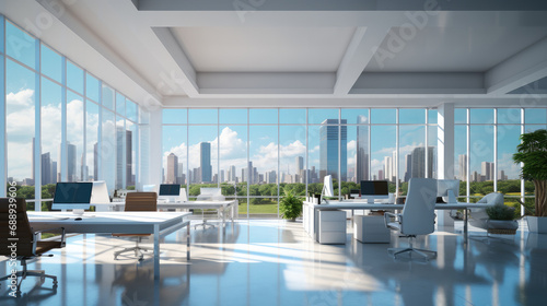 Office with white walls in a tall building.