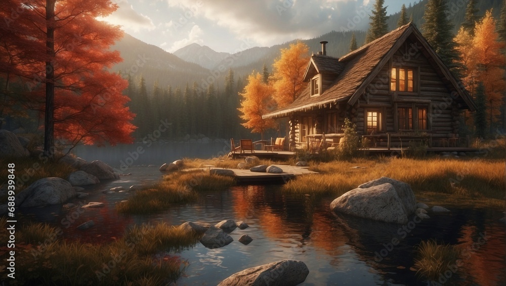 Obraz premium Wooden Cabin in Autumn Forest. Generative AI