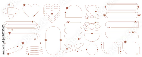 Aesthetic frames with stars. Minimal outline shapes. Y2k abstract arches and borders with sparkles. Cosmic retro geometric set. Vector collection
