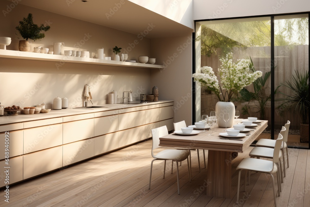Modern beige kitchen along wall leading to sliding door with outdoor area, Modern simplicity. Modern beige kitchen along wall leading to sliding door with outdoor area, Modern simplicity.