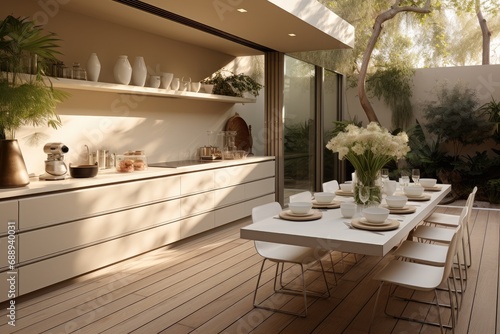 Modern beige kitchen along wall leading to sliding door with outdoor area, Modern simplicity.