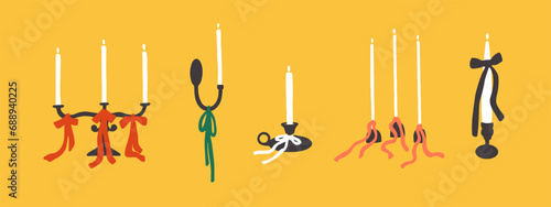 Set of different candle holders dressed up bows. Three arm candelabrum, wall candle holder in thin ribbon, candlestick with handle, metal or brass holder for taper candle. Isolated vector illustration