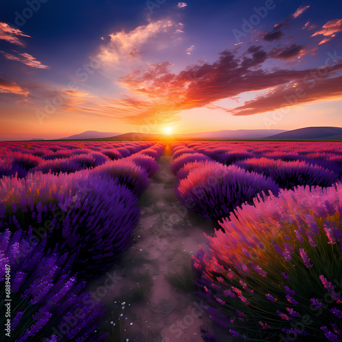 A pathway through a field of lavender at sunset.