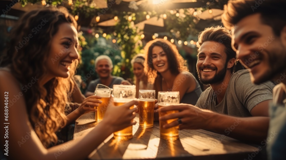 Diverse young people sitting at bar table toasting beer glasses in brewery pub garden. Diverse young people sitting at bar table toasting beer glasses in brewery pub garden.