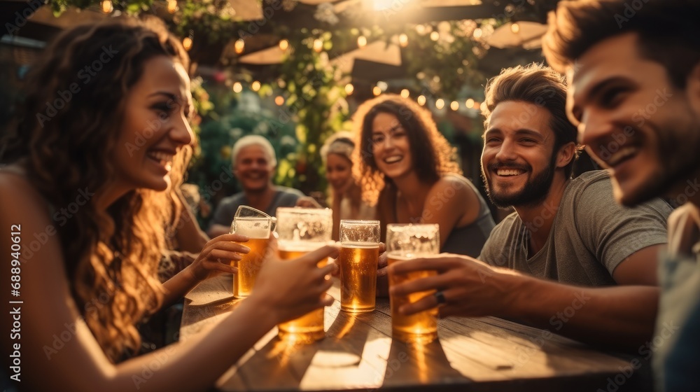 Diverse young people sitting at bar table toasting beer glasses in brewery pub garden.