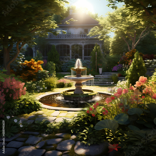 A peaceful garden with a stone fountain.