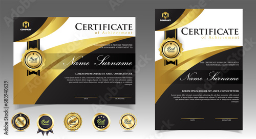 Black and gold certificate of appreciation border template with luxury badge and modern line and shapes. For award, business, and education needs. Diploma vector template