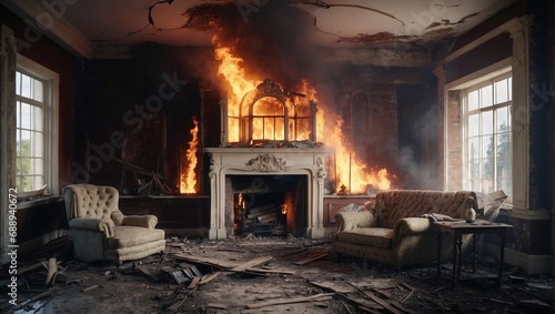  Interior of a Room Consumed by Intense Blaze. Generative AI