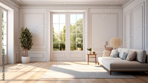 Partially open door reveals a bright, luxurious room in a new apartment, The large windows accentuate the sense of opulence and a comfortable living space.