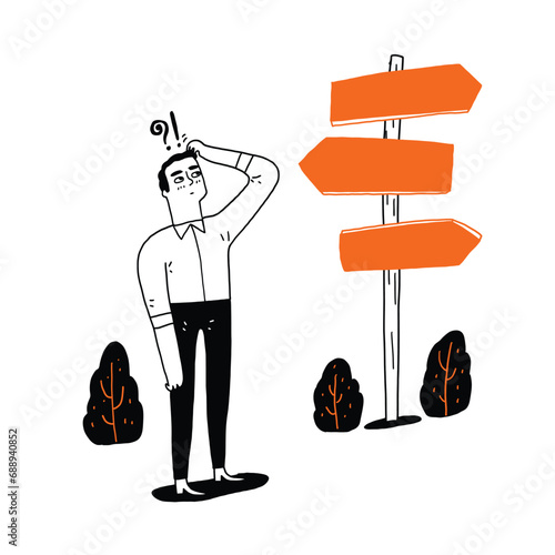 Businessman looking at road signs