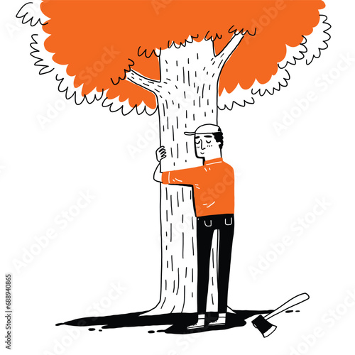 Young man hugging a tree