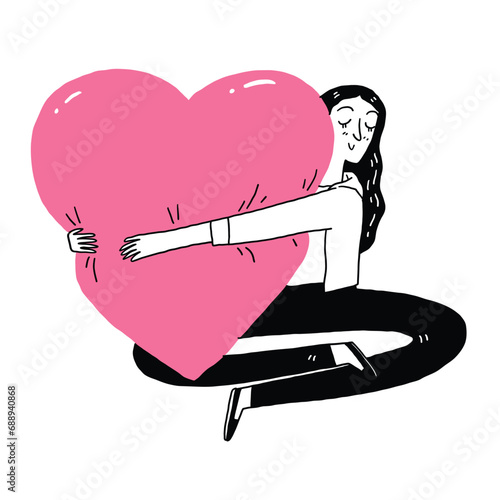 Young woman hugging a large heart-shaped pillow