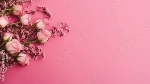 pink roses and Baby s breath on light pink background image  copy space for product display  text  card  template. Generative AI