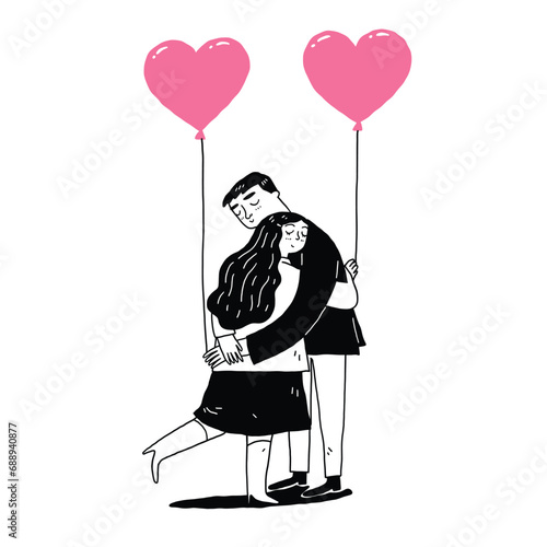 Couple holding heart-shaped balloons hugging each other.