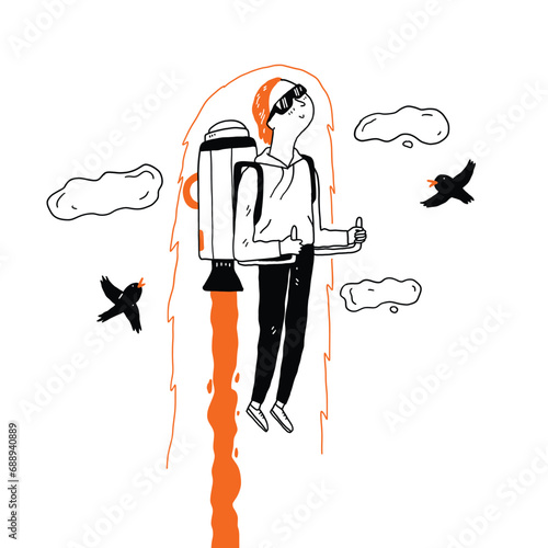 Start up concept, aviator or rocket man with jetpack on his back.