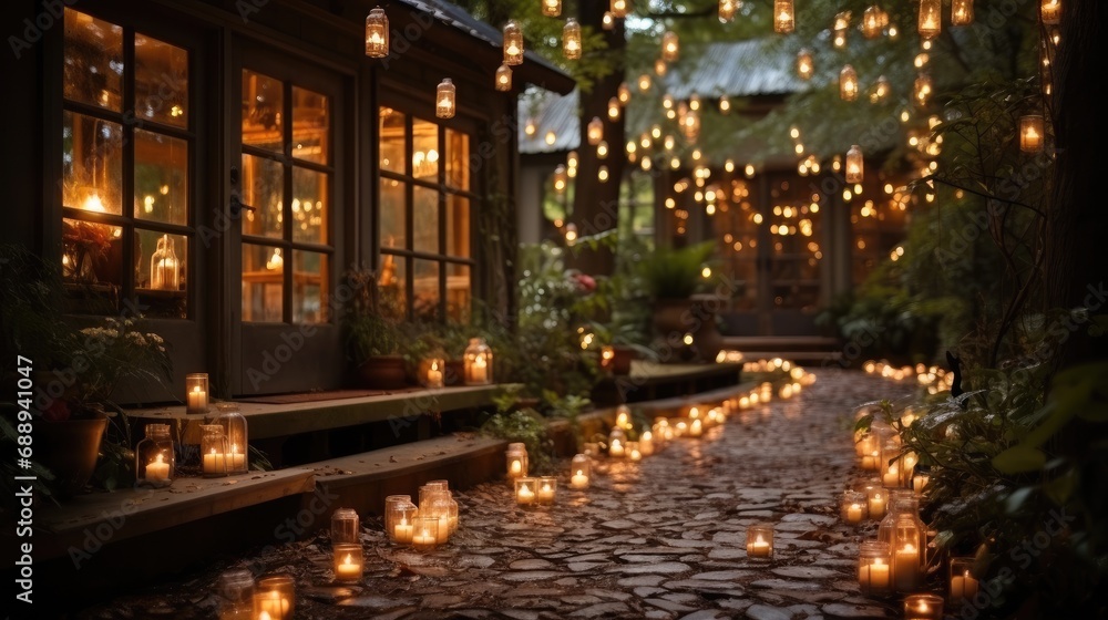 A whimsical garden with fairy lights and lanterns illuminating the path.