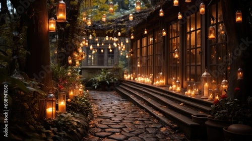 A whimsical garden with fairy lights and lanterns illuminating the path. © visoot