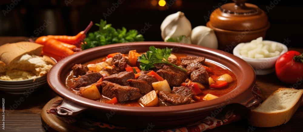 Traditional Hungarian meal made with beef, potatoes, and paprika includes beef goulash, soup, and stew. Traditional Hungarian meal made with beef, potatoes, and paprika includes beef goulash, soup, and stew.