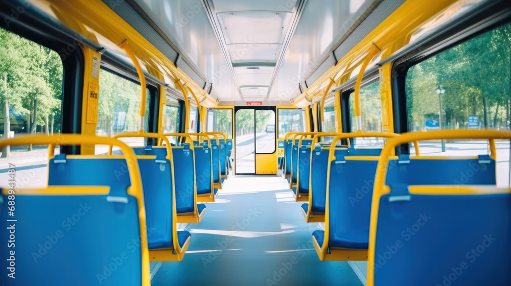 Fototapeta premium Interior design of a modern bus. Empty bus interior. Public transport in the city. Passenger transportation. Bus with blue seats and yellow handrails.