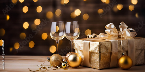 Two champagne glasses and gift boxes on bokeh background, Romantic Toast: Two Champagne Glasses and Gift Boxes on Bokeh Background