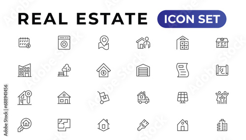 Real Estate minimal thin line web icon set. Included the icons as realty, property, mortgage, home loan and more. Outline icons collection.