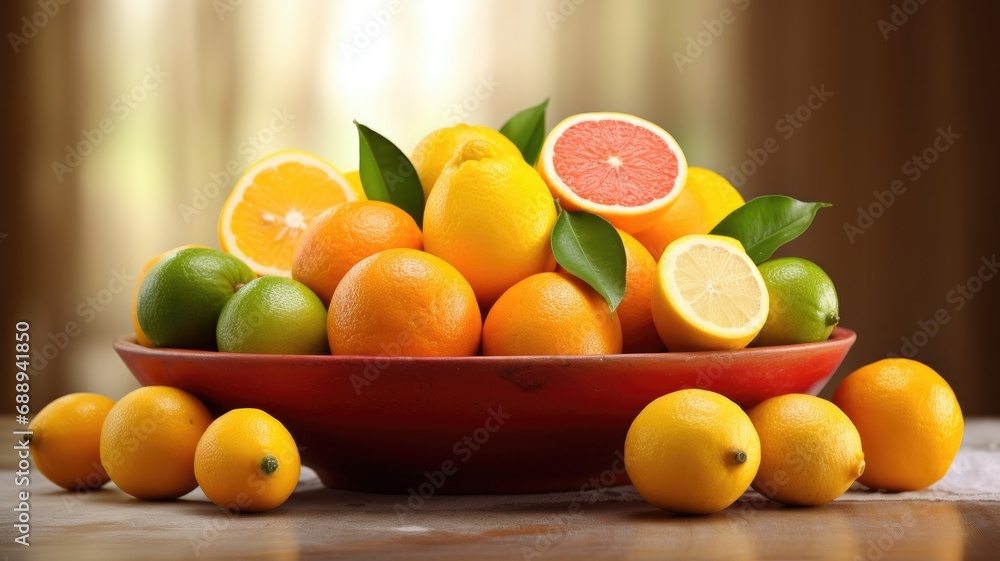 Mixed citrus fruits in a bowl, featuring oranges, lemons, and limes