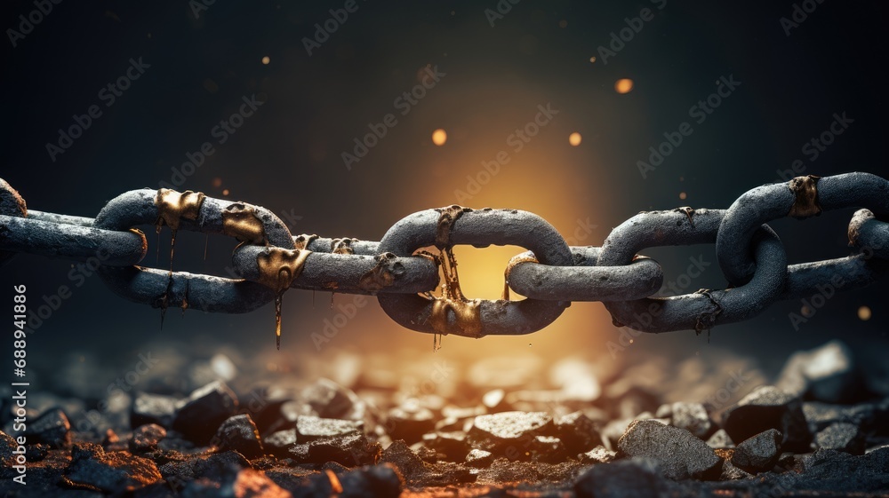 Broken chain with a molten fracture point, symbolizing breaking free Broken chain with a molten fracture point, symbolizing breaking free