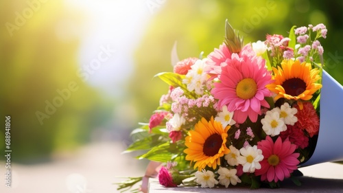 Wallpaper Mural A colorful bouquet of flowers wrapped in blue paper Torontodigital.ca