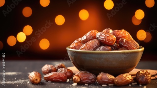 A bowl filled with dates, a traditional food to break a fast, against a warm backdrop