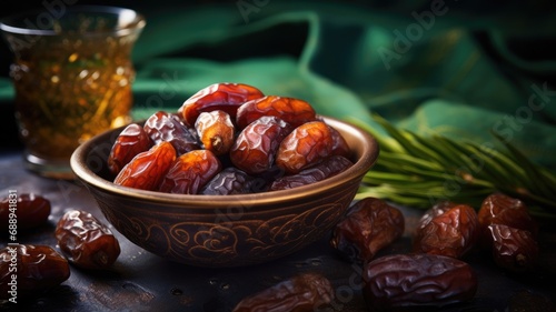 A bowl of dates in a decorative bowl on a dark, textured surface photo
