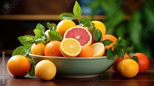 A bowl of various citrus fruits with leaves on a wooden table