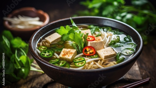 Vietnamese pho with tofu, green herbs, and chili slices in a dark bowl