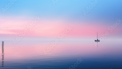 Serene sea at dawn with a solitary sailboat and pastel-colored sky