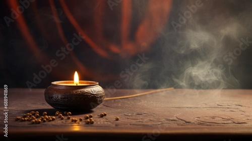 A lit candle and incense stick emitting smoke on a wooden surface photo