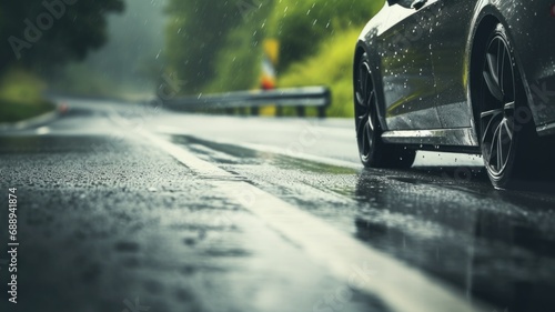 Car driving on a wet road, spray from the tires, highlighting road safety