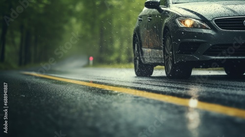 Sports car driving on a wet road, highlighting vehicle performance and safety photo