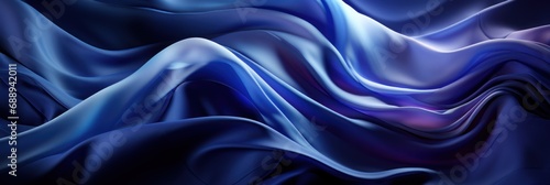 Silk satin fabric. Navy blue color. Abstract dark elegant background with space for design. Soft wavy folds. Drapery. Gradient. Light lines. Shiny. Shimmer. Glow. Template. Wide banner. Panoramic photo
