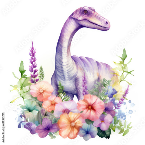 Diplodocus and flower Illustration, Generative Ai