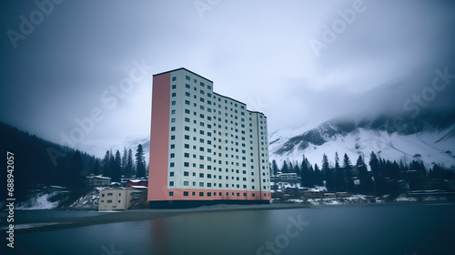 Big residential building on the seaside in a northern country. Living in harsh climate, in a remote location. Isolated modern condo building in the wilderness. Cold weather, gloomy cloudy day.