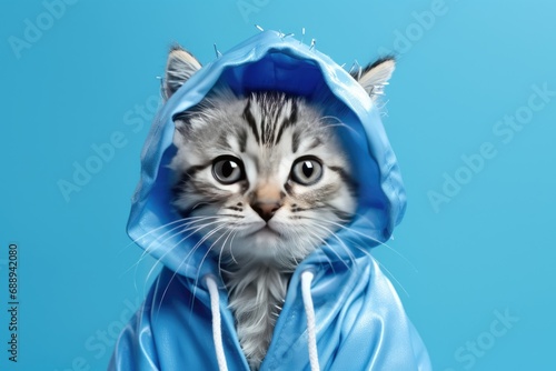 Cute kitten on blue background 