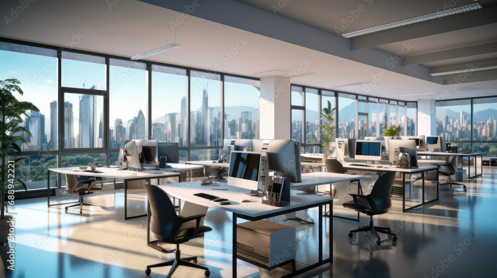 Corner of modern Industrial style open space office with white walls, Rows of computer tables and panoramic windows with cityscape. Corner of modern Industrial style open space office with white walls, Rows of computer tables and panoramic windows with cityscape.